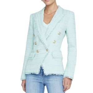 L'AGENCE Light Green Tweed Blazer with Gold Buttons
